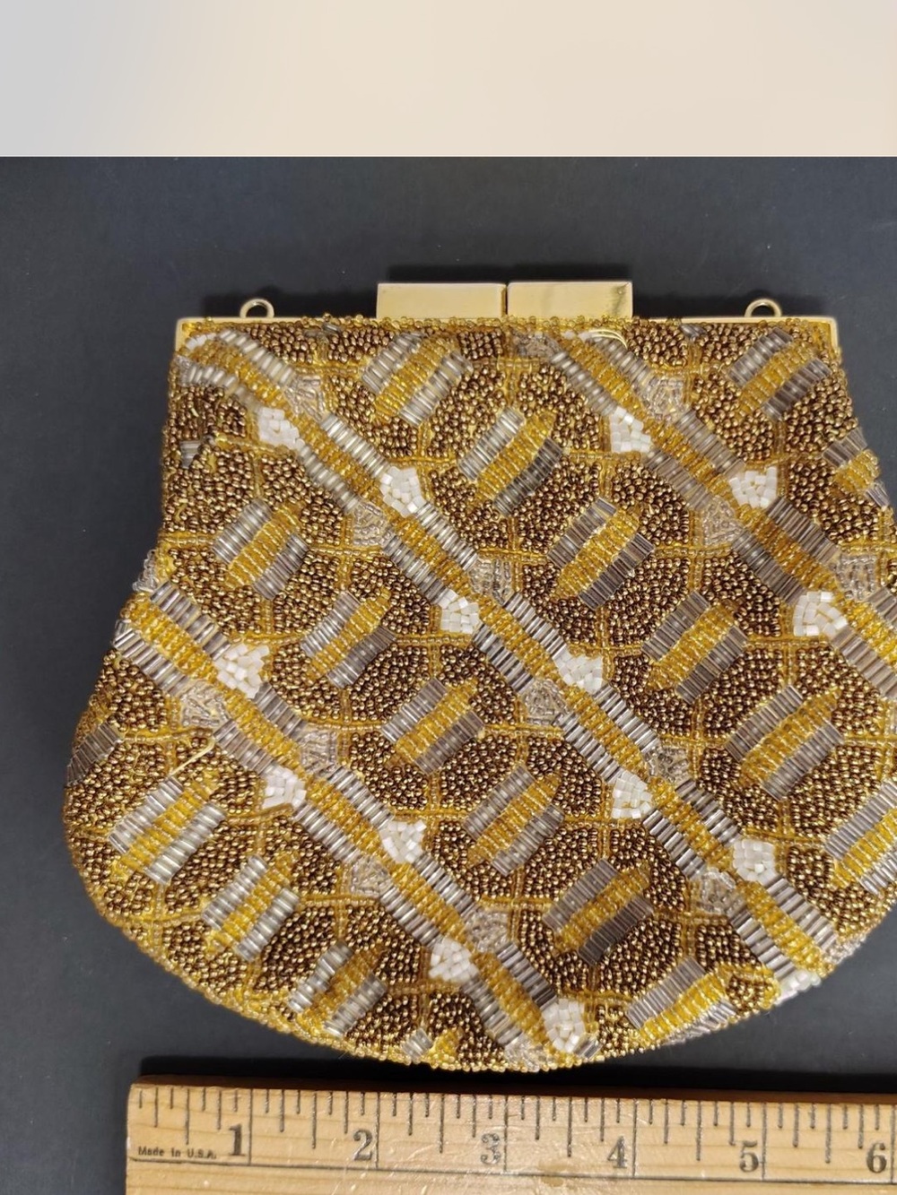 Vintage Mid Century Handmade Gold Silver Bugle Bead Frame Clutch Art Deco Bag